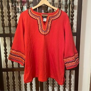 BOB MACKIE Vintage Orange Bohemian Embroidered Wearable Art Top Size XL